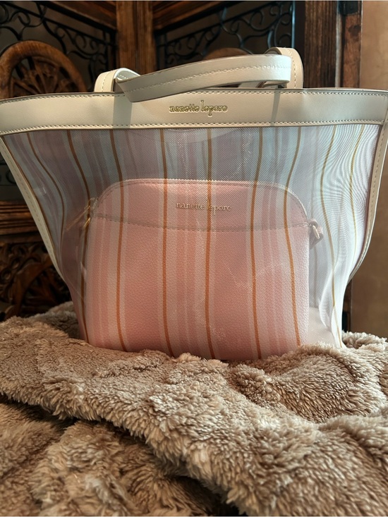Nanette Lepore Handbags - Nanette Lepore White Mesh Tote with Pink Striped Pouch